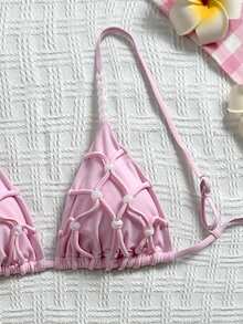 SHEIN Swim 女士手工串珠高端复古三角比基尼套装，串珠装饰性感沙滩度假泳装，纯色春夏百搭女士比基尼套装 - 淺粉色 - 查看 3