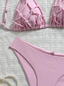 SHEIN Swim 女士手工串珠高端复古三角比基尼套装，串珠装饰性感沙滩度假泳装，纯色春夏百搭女士比基尼套装 - 淺粉色 - 查看 4