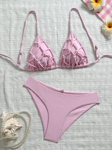 SHEIN Swim 女士手工串珠高端复古三角比基尼套装，串珠装饰性感沙滩度假泳装，纯色春夏百搭女士比基尼套装 - 淺粉色 - 查看 2