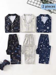 SHEIN 2pcs Game Console Print Long Sleeve Top And Pants Pajama Set For Boys, New Fashion Classic Basic Casual Loungewear, Long Sleeve Long Pants Lapel Front Button Set - Multicolor - View 9