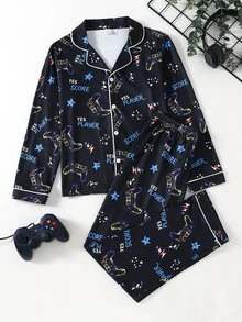 SHEIN 2pcs Game Console Print Long Sleeve Top And Pants Pajama Set For Boys, New Fashion Classic Basic Casual Loungewear, Long Sleeve Long Pants Lapel Front Button Set - Multicolor - View 2
