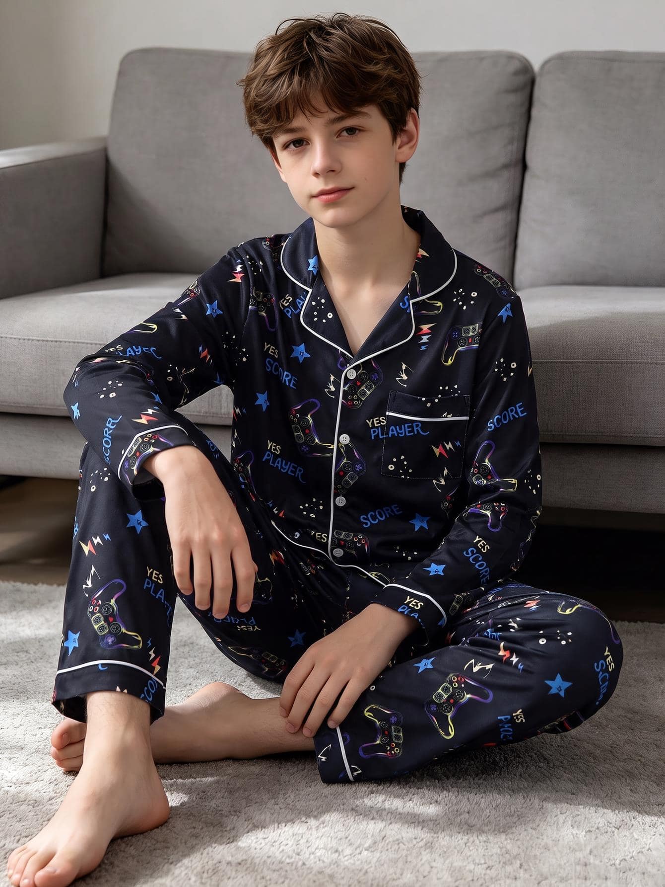 SHEIN 2pcs Game Console Print Long Sleeve Top And Pants Pajama Set For Boys, New Fashion Classic Basic Casual Loungewear, Long Sleeve Long Pants Lapel Front Button Set - Multicolor - View 1