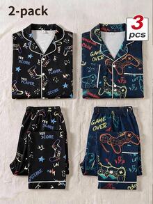 SHEIN 2pcs Game Console Print Long Sleeve Top And Pants Pajama Set For Boys, New Fashion Classic Basic Casual Loungewear, Long Sleeve Long Pants Lapel Front Button Set - Multicolor - View 10
