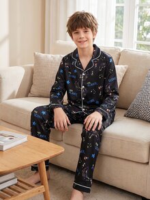 SHEIN 2pcs Game Console Print Long Sleeve Top And Pants Pajama Set For Boys, New Fashion Classic Basic Casual Loungewear, Long Sleeve Long Pants Lapel Front Button Set - Multicolor - View 6