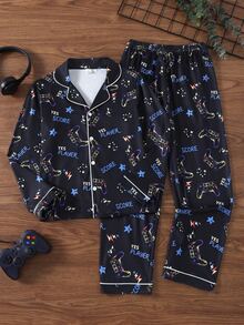 SHEIN 2pcs Game Console Print Long Sleeve Top And Pants Pajama Set For Boys, New Fashion Classic Basic Casual Loungewear, Long Sleeve Long Pants Lapel Front Button Set - Multicolor - View 5