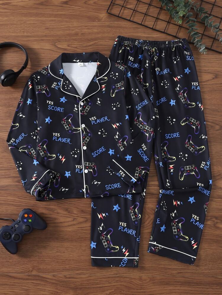 SHEIN 2pcs Game Console Print Long Sleeve Top And Pants Pajama Set For Boys, New Fashion Classic Basic Casual Loungewear, Long Sleeve Long Pants Lapel Front Button Set - Multicolor - View 5