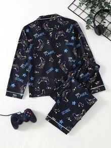 SHEIN 2pcs Game Console Print Long Sleeve Top And Pants Pajama Set For Boys, New Fashion Classic Basic Casual Loungewear, Long Sleeve Long Pants Lapel Front Button Set - Multicolor - View 3