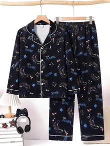 SHEIN 2pcs Game Console Print Long Sleeve Top And Pants Pajama Set For Boys, New Fashion Classic Basic Casual Loungewear, Long Sleeve Long Pants Lapel Front Button Set - Multicolor - View 4