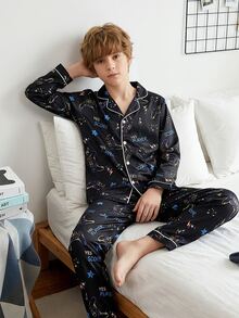 SHEIN 2pcs Game Console Print Long Sleeve Top And Pants Pajama Set For Boys, New Fashion Classic Basic Casual Loungewear, Long Sleeve Long Pants Lapel Front Button Set - Multicolor - View 7