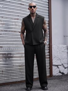 SLATEMANN 男士舒適素色布料大翻領雙排扣背心襯衫與抽繩鬆緊腰長褲套裝，休閒度假、朋友約會、雞尾酒會、沙龍、聚會、日常辦公、極簡商務，特別適合春秋季節，適合自穿或送禮給朋友 - 黑色 - 查看 6