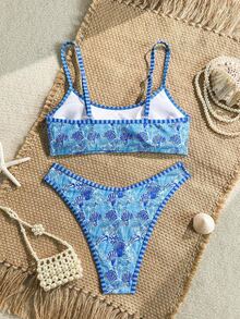 SHEIN Swim 2pcs/Set Women's Beach Bikini Set, Random Colorful Ocean Element & Shell Strap, Geometric Contrast Trim Design - Multicolor - View 2