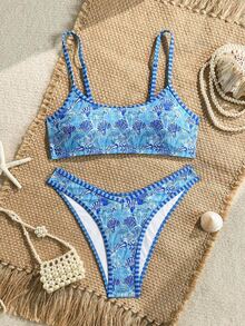 SHEIN Swim 2pcs/Set Women's Beach Bikini Set, Random Colorful Ocean Element & Shell Strap, Geometric Contrast Trim Design - Multicolor - View 4