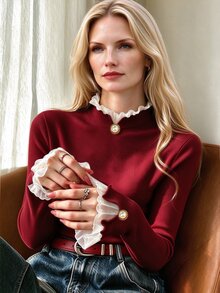 Airaco Autumn/Winter Sweet & Gentle Style Pink Ribbed Knit Base Layer Top, Chiffon Frill Trim Semi-High Neck Pearl Button Fitted Flared Long Sleeve T-Shirt, Versatile Inner Top For Commute And Date - Burgundy - View 4