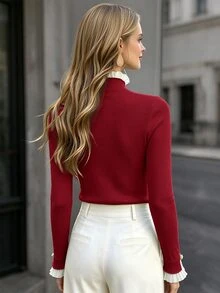 Airaco Autumn/Winter Sweet & Gentle Style Pink Ribbed Knit Base Layer Top, Chiffon Frill Trim Semi-High Neck Pearl Button Fitted Flared Long Sleeve T-Shirt, Versatile Inner Top For Commute And Date - Burgundy - View 7