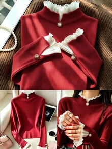 Airaco Autumn/Winter Sweet & Gentle Style Pink Ribbed Knit Base Layer Top, Chiffon Frill Trim Semi-High Neck Pearl Button Fitted Flared Long Sleeve T-Shirt, Versatile Inner Top For Commute And Date - Burgundy - View 2