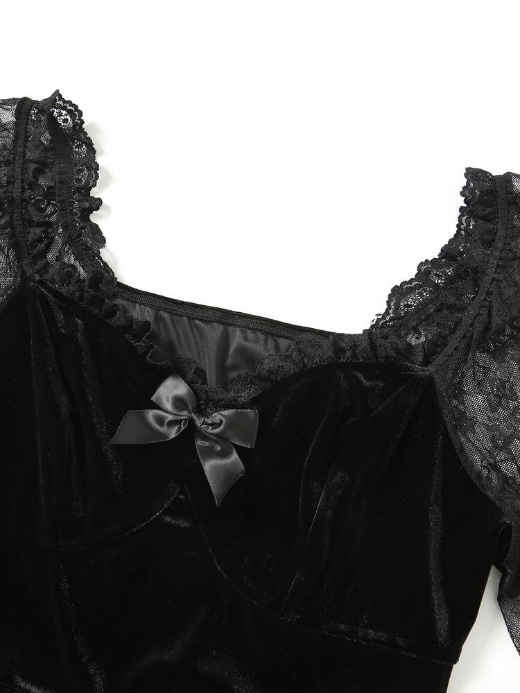 Rometta Plus Size Flattering Velvet Lace Long Sleeve Dark Halloween Dress Autumn Party Night Wedding Guest Black Gothic Goth Elegant Halloween Winter - Black - View 5