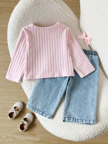 SHEIN 2件組幼女針織開襟上衣與牛仔褲套裝，可愛粉藍配色，羅紋刺繡蝴蝶結，長袖圓領，常規版型，舒適彈性腰，適合派對與秋季穿著 - 粉色 - 查看 2