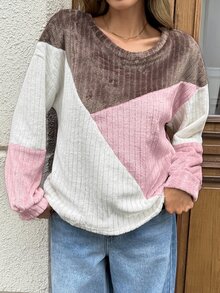 SHEIN LUNE 休閒通勤女款長袖運動衫，拼接設計，秋季日常基礎時尚，戶外穿著外出野餐早午餐，米白色 - 彩色 - 查看 8