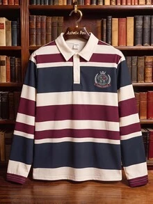 SHEIN 兒童青少年男孩條紋長袖 Polo 衫，適合通勤、上學、日常休閒、學院風、旅行、運動，秋冬款 - 白色 - 查看 2