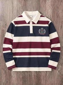 SHEIN 兒童青少年男孩條紋長袖 Polo 衫，適合通勤、上學、日常休閒、學院風、旅行、運動，秋冬款 - 白色 - 查看 4