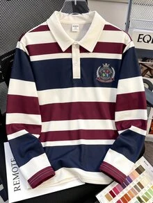 SHEIN 兒童青少年男孩條紋長袖 Polo 衫，適合通勤、上學、日常休閒、學院風、旅行、運動，秋冬款 - 白色 - 查看 1