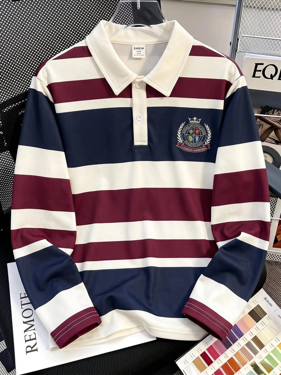 SHEIN 兒童青少年男孩條紋長袖 Polo 衫,適合通勤、上學、日常休閒、學院風、旅行、運動,秋冬款 - 白色 - 查看 1