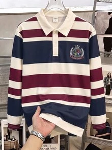 SHEIN 兒童青少年男孩條紋長袖 Polo 衫，適合通勤、上學、日常休閒、學院風、旅行、運動，秋冬款 - 白色 - 查看 3