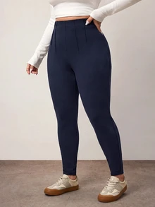 Enliva Plus Size Casual Solid Color High Waist Long Pants - Fall High Elasticity Fabric Women's Curvy "Apple-Shaped" Body Types Home Beach Navy Blue - Navy Blue - View 9