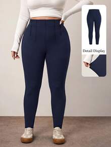 Enliva Plus Size Casual Solid Color High Waist Long Pants - Fall High Elasticity Fabric Women's Curvy "Apple-Shaped" Body Types Home Beach Navy Blue - Navy Blue - View 11