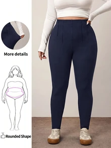 Enliva Plus Size Casual Solid Color High Waist Long Pants - Fall High Elasticity Fabric Women's Curvy "Apple-Shaped" Body Types Home Beach Navy Blue - Navy Blue - View 2