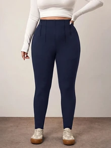 Enliva Plus Size Casual Solid Color High Waist Long Pants - Fall High Elasticity Fabric Women's Curvy "Apple-Shaped" Body Types Home Beach Navy Blue - Navy Blue - View 5