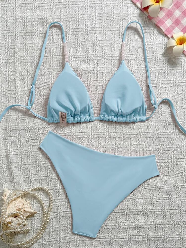 SHEIN Swim Women's Handmade Beaded Triangle Bikini Swimwear Set, Old Money Style, Sexy Beach Vacation Pool Party Swimwear, Solid Color, Spring/Summer, Versatile - Baby Blue - View 5