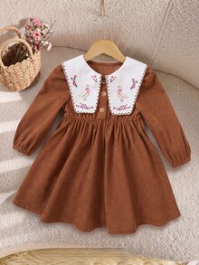 SHEIN Infant Toddler Cute Artistic Colorblock Printed Pattern Corduroy Peter Pan Collar Dress - Brown - View 10