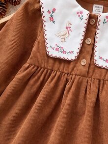 SHEIN Infant Toddler Cute Artistic Colorblock Printed Pattern Corduroy Peter Pan Collar Dress - Brown - View 6