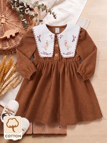 SHEIN Infant Toddler Cute Artistic Colorblock Printed Pattern Corduroy Peter Pan Collar Dress - Brown - View 8