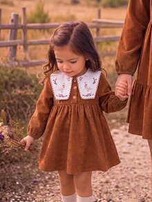 SHEIN Infant Toddler Cute Artistic Colorblock Printed Pattern Corduroy Peter Pan Collar Dress - Brown - View 1