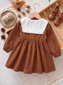 SHEIN Infant Toddler Cute Artistic Colorblock Printed Pattern Corduroy Peter Pan Collar Dress - Brown - View 4