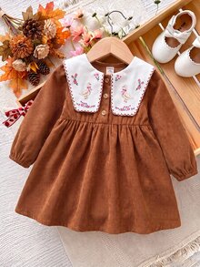 SHEIN Infant Toddler Cute Artistic Colorblock Printed Pattern Corduroy Peter Pan Collar Dress - Brown - View 2
