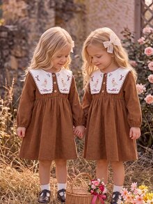 SHEIN Infant Toddler Cute Artistic Colorblock Printed Pattern Corduroy Peter Pan Collar Dress - Brown - View 3
