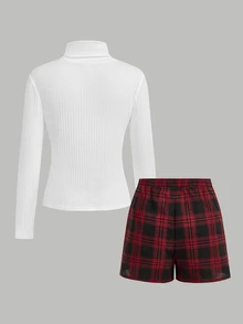Girlism Tween Girl Tween Girl Kids Elegant White Long Sleeve T-Shirt Cute Button Up Plaid Skirt Casual Formal Cotton Christmas 2Pcs,New Year,Fall/Winter - Multicolor - View 5