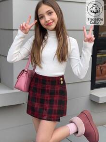 Girlism Tween Girl Tween Girl Kids Elegant White Long Sleeve T-Shirt Cute Button Up Plaid Skirt Casual Formal Cotton Christmas 2Pcs,New Year,Fall/Winter - Multicolor - View 3