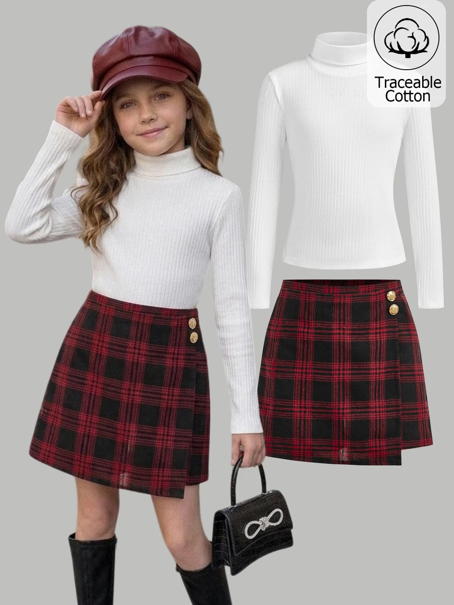Girlism Tween Girl Tween Girl Kids Elegant White Long Sleeve T-Shirt Cute Button Up Plaid Skirt Casual Formal Cotton Christmas 2Pcs,New Year,Fall/Winter - Multicolor - View 1