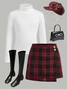 Girlism Tween Girl Tween Girl Kids Elegant White Long Sleeve T-Shirt Cute Button Up Plaid Skirt Casual Formal Cotton Christmas 2Pcs,New Year,Fall/Winter - Multicolor - View 2