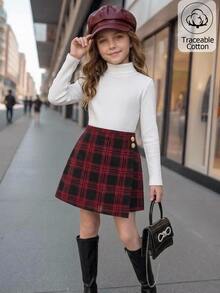 Girlism Tween Girl Tween Girl Kids Elegant White Long Sleeve T-Shirt Cute Button Up Plaid Skirt Casual Formal Cotton Christmas 2Pcs,New Year,Fall/Winter - Multicolor - View 4