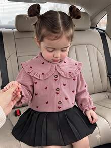 SHEIN 1pc Toddler Girl Blouse Sweet Pink Heart Print Ruffle Collar Corduroy Button Long Sleeve Round Neck Regular Holiday Party Autumn Fall Cute - Pink - View 1