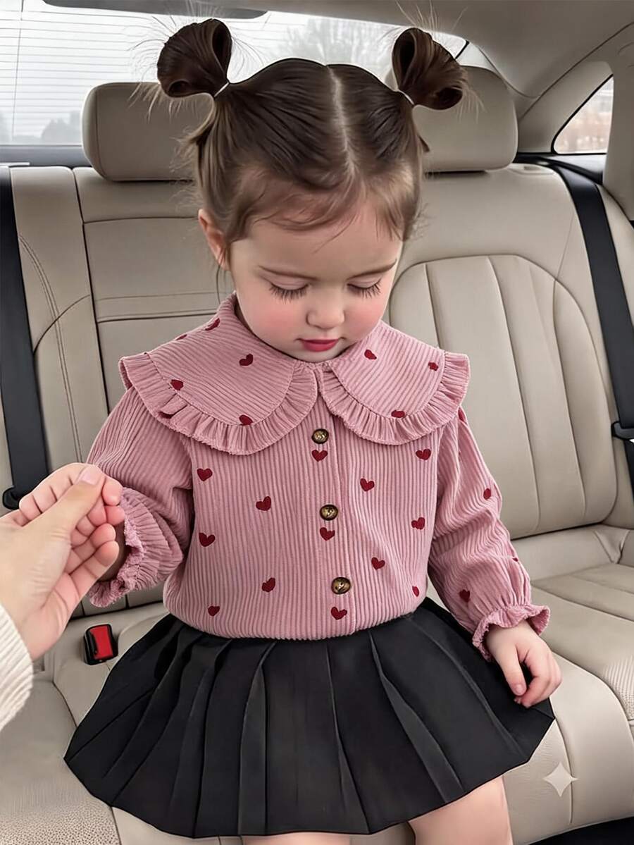 SHEIN 1pc Toddler Girl Blouse Sweet Pink Heart Print Ruffle Collar Corduroy Button Long Sleeve Round Neck Regular Holiday Party Autumn Fall Cute - Pink - View 1