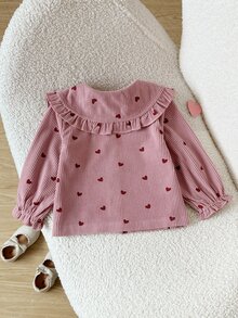 SHEIN 1pc Toddler Girl Blouse Sweet Pink Heart Print Ruffle Collar Corduroy Button Long Sleeve Round Neck Regular Holiday Party Autumn Fall Cute - Pink - View 2
