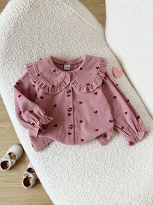 SHEIN 1pc Toddler Girl Blouse Sweet Pink Heart Print Ruffle Collar Corduroy Button Long Sleeve Round Neck Regular Holiday Party Autumn Fall Cute - Pink - View 7