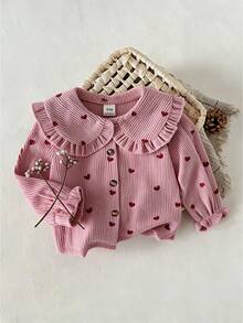 SHEIN 1pc Toddler Girl Blouse Sweet Pink Heart Print Ruffle Collar Corduroy Button Long Sleeve Round Neck Regular Holiday Party Autumn Fall Cute - Pink - View 8