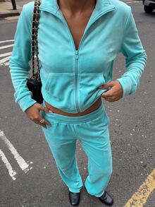 Muchica Women's Solid Color Long Sleeve Zip-Up Hoodie And Pants Casual 2 Pieces Set - Pink - View 8